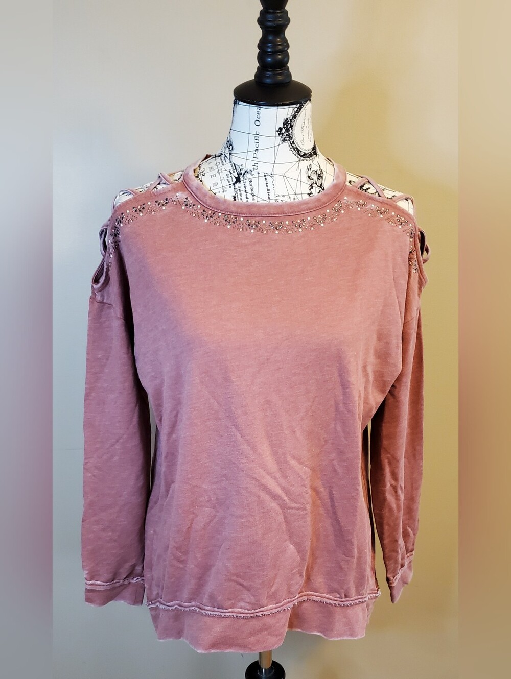 Knox Rose Womens Large Cold Shoulder Top Pink Stone Wash Lace Up Distressed Boho